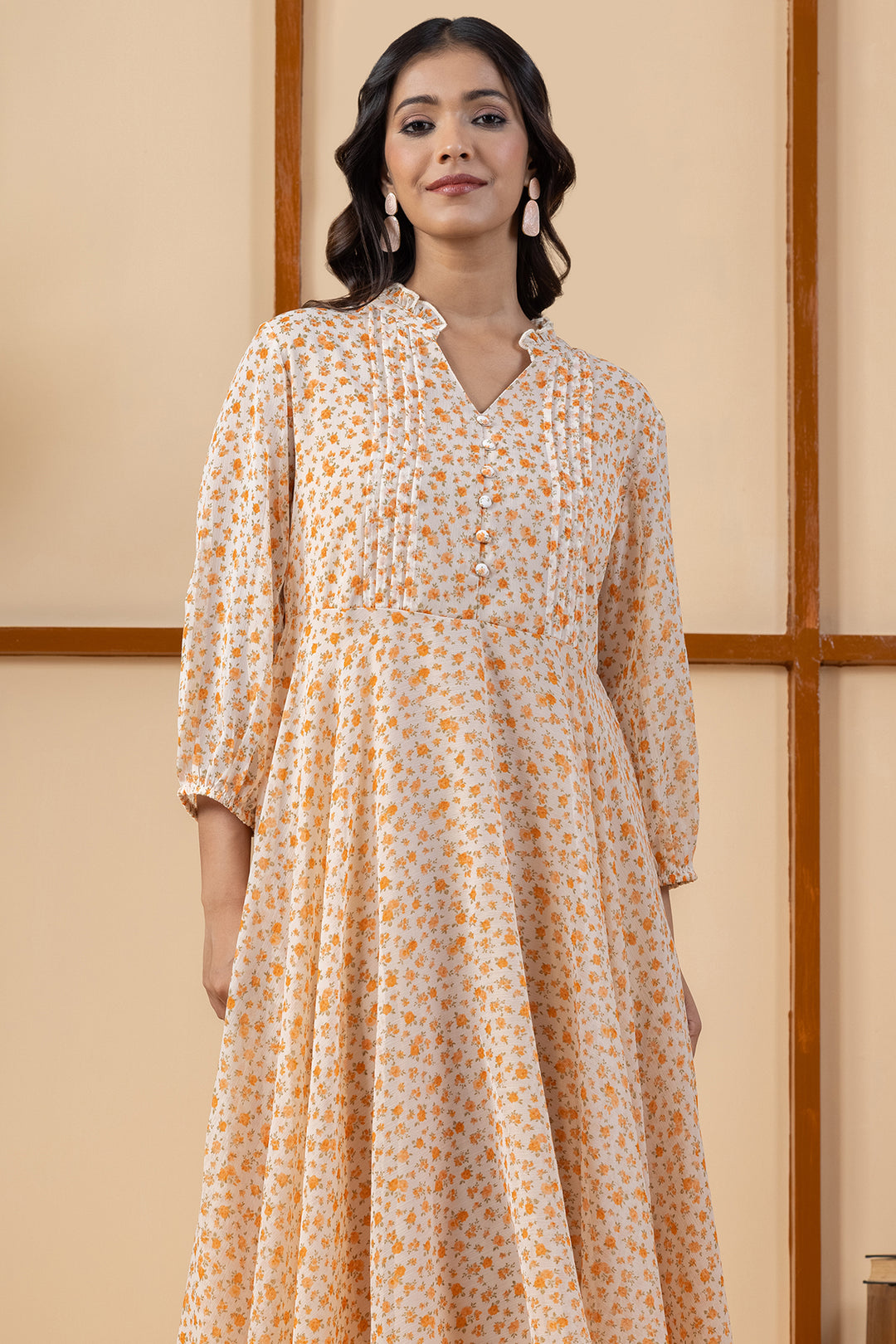 Orange Printed Chiffon Dress with Regular Fit