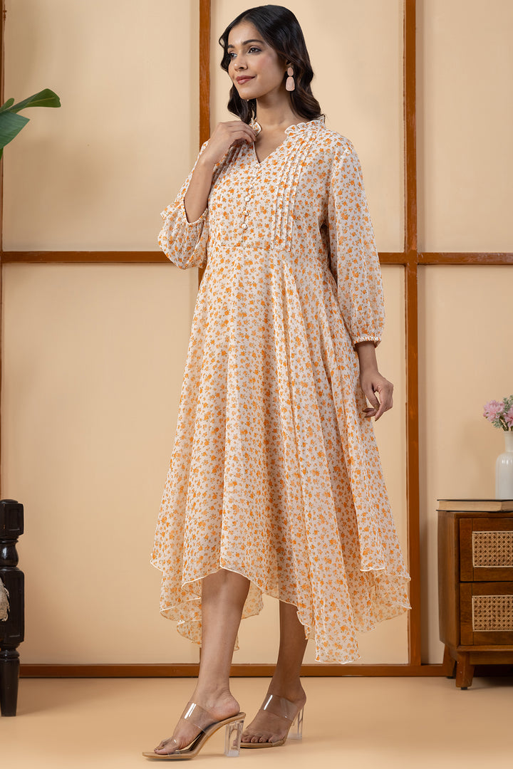 Orange Printed Chiffon Dress with Regular Fit