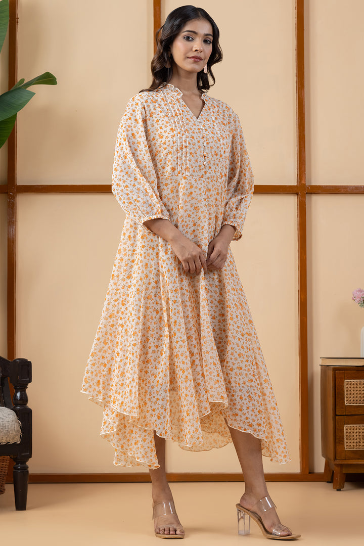 Orange Printed Chiffon Dress with Regular Fit
