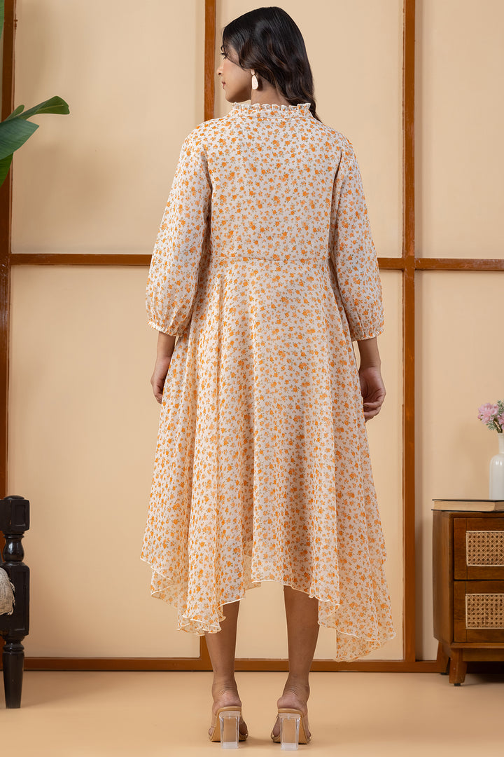 Orange Printed Chiffon Dress with Regular Fit