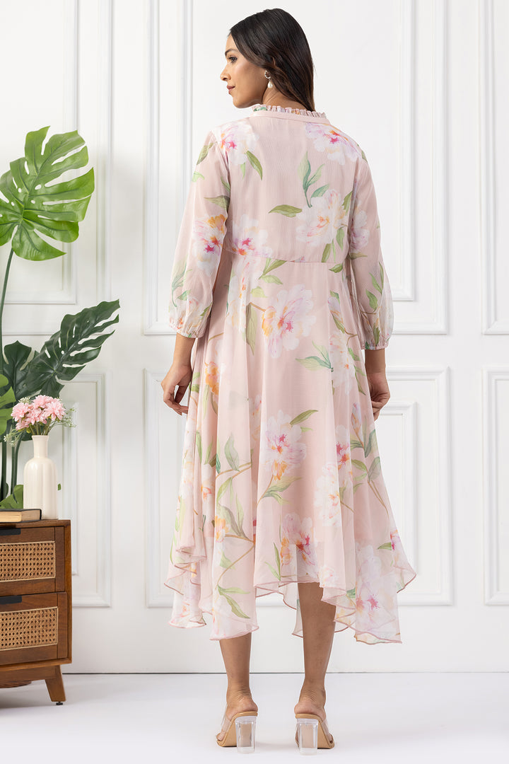Peach Digital Printed Chiffon Dress