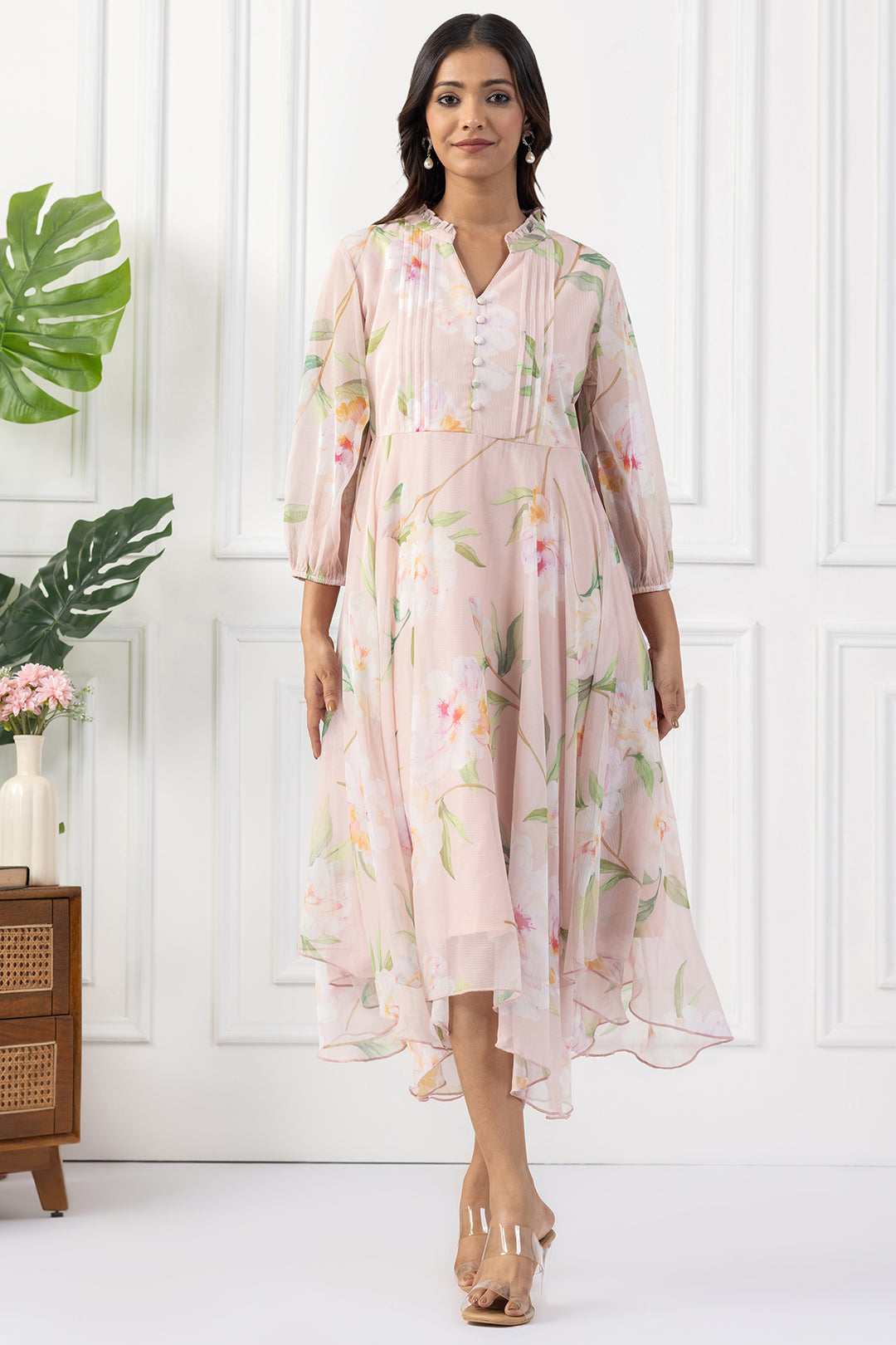 Peach Digital Printed Chiffon Dress