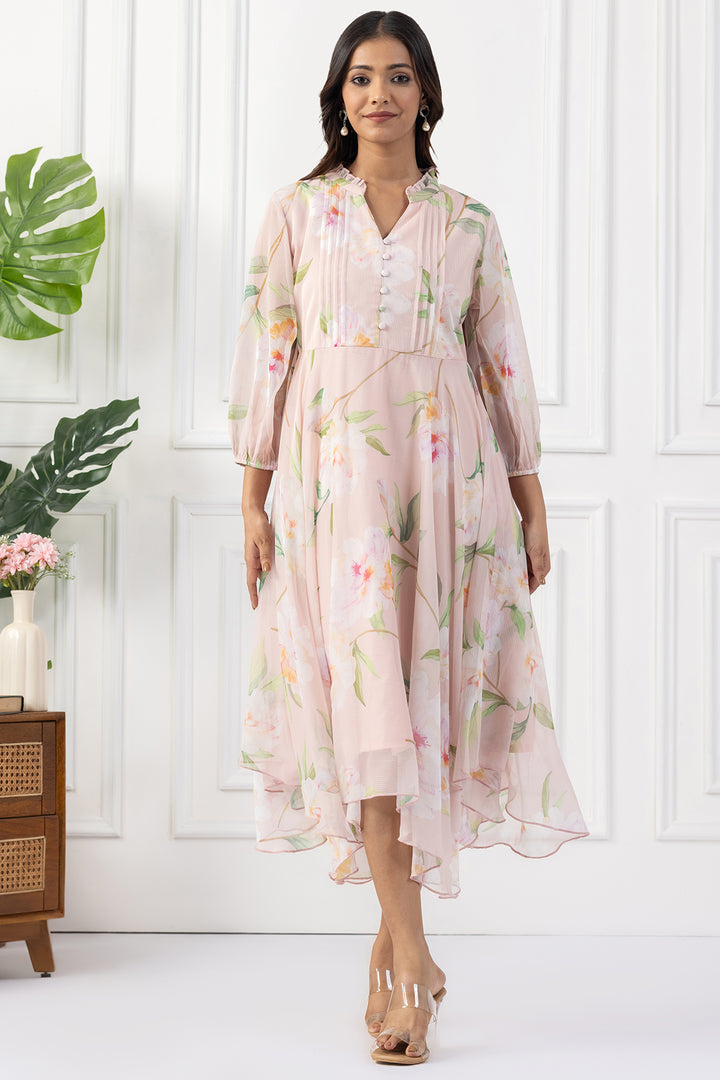 Peach Digital Printed Chiffon Dress