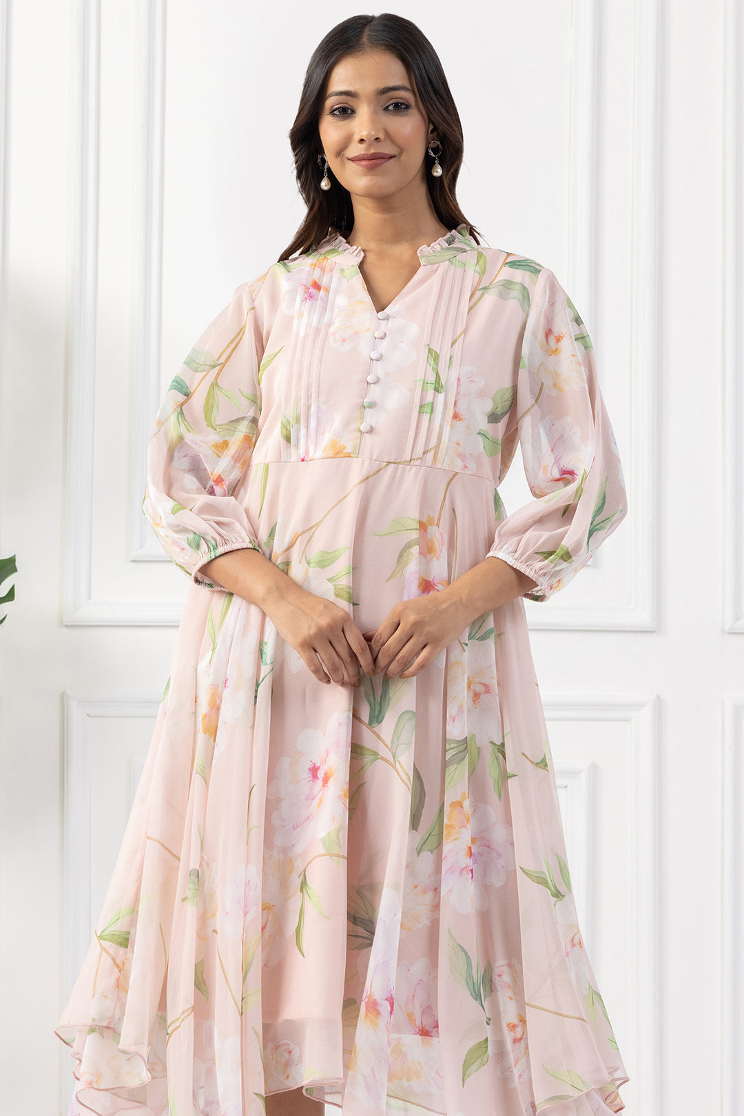 Peach Digital Printed Chiffon Dress