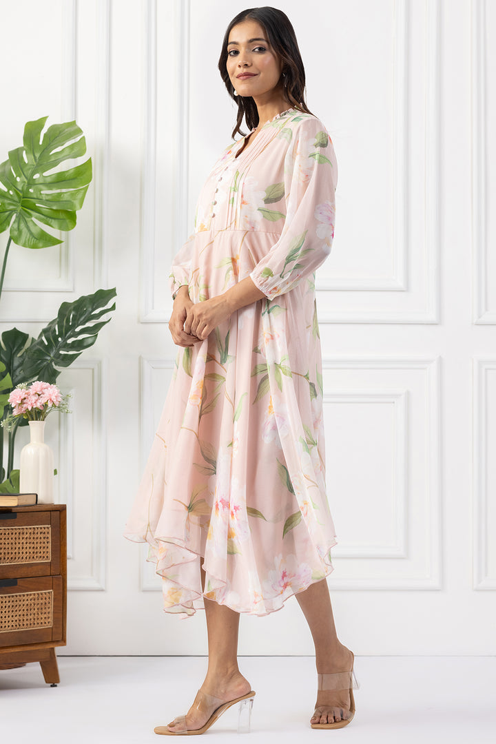 Peach Digital Printed Chiffon Dress