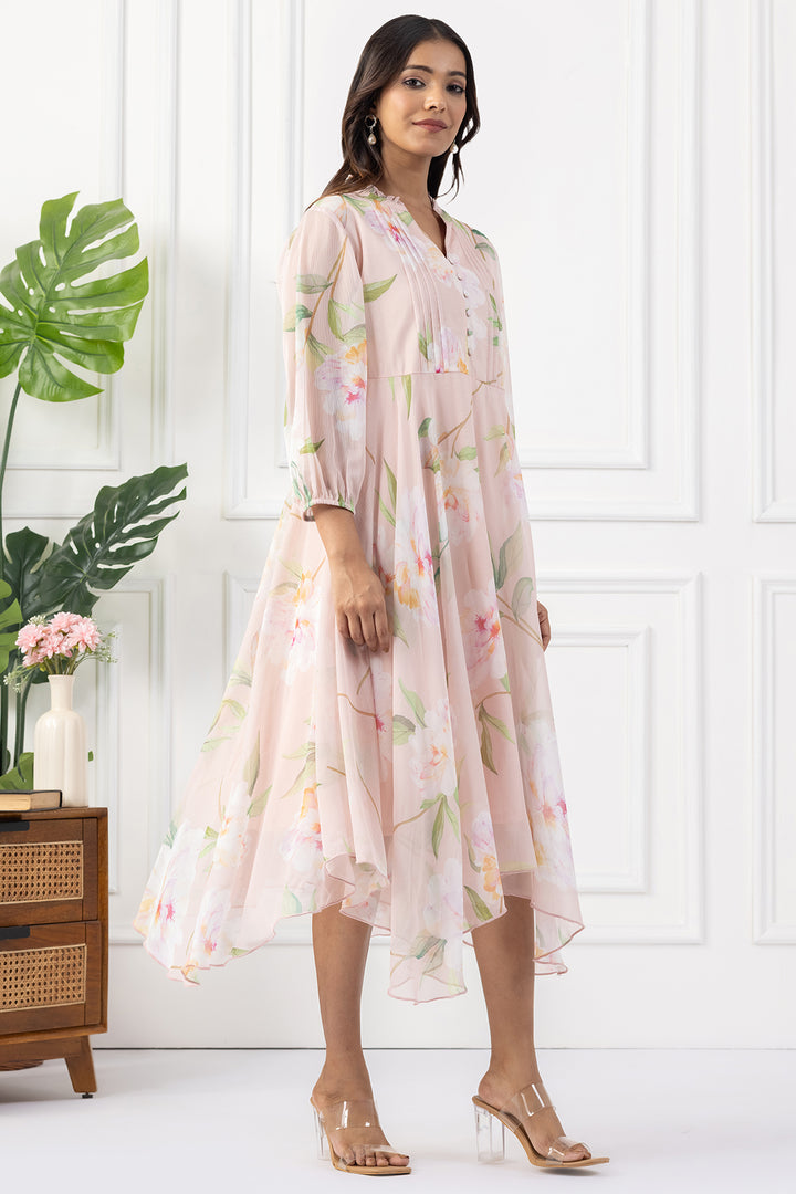 Peach Digital Printed Chiffon Dress