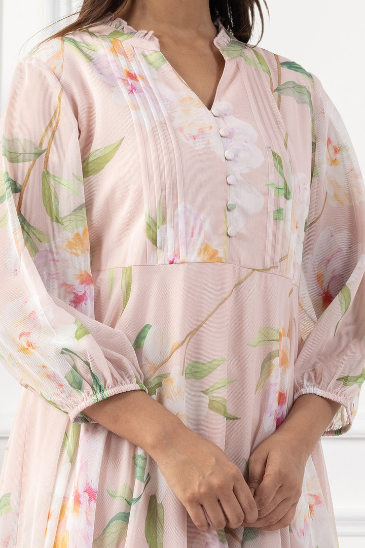 Peach Digital Printed Chiffon Dress