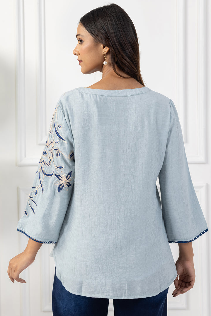 Sky Blue Embroidered Viscose Top with Regular Fit