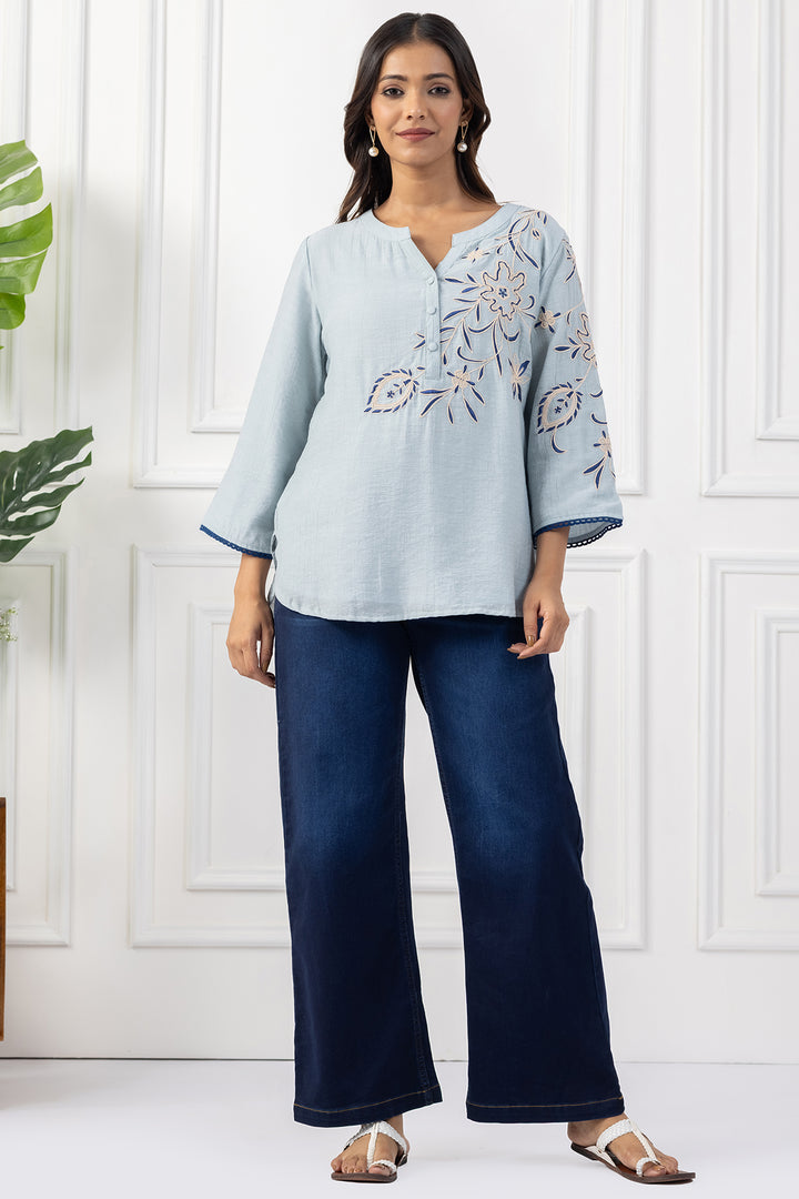 Sky Blue Embroidered Viscose Top with Regular Fit