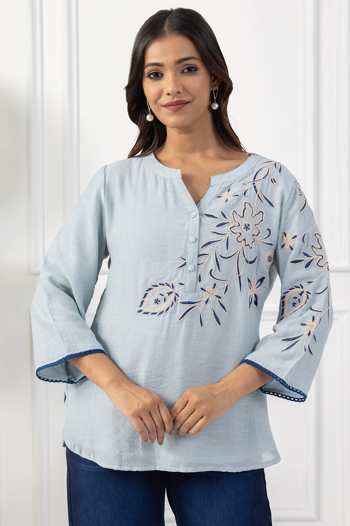 Sky Blue Embroidered Viscose Top with Regular Fit