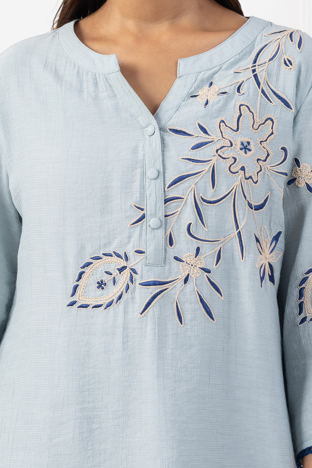 Sky Blue Embroidered Viscose Top with Regular Fit