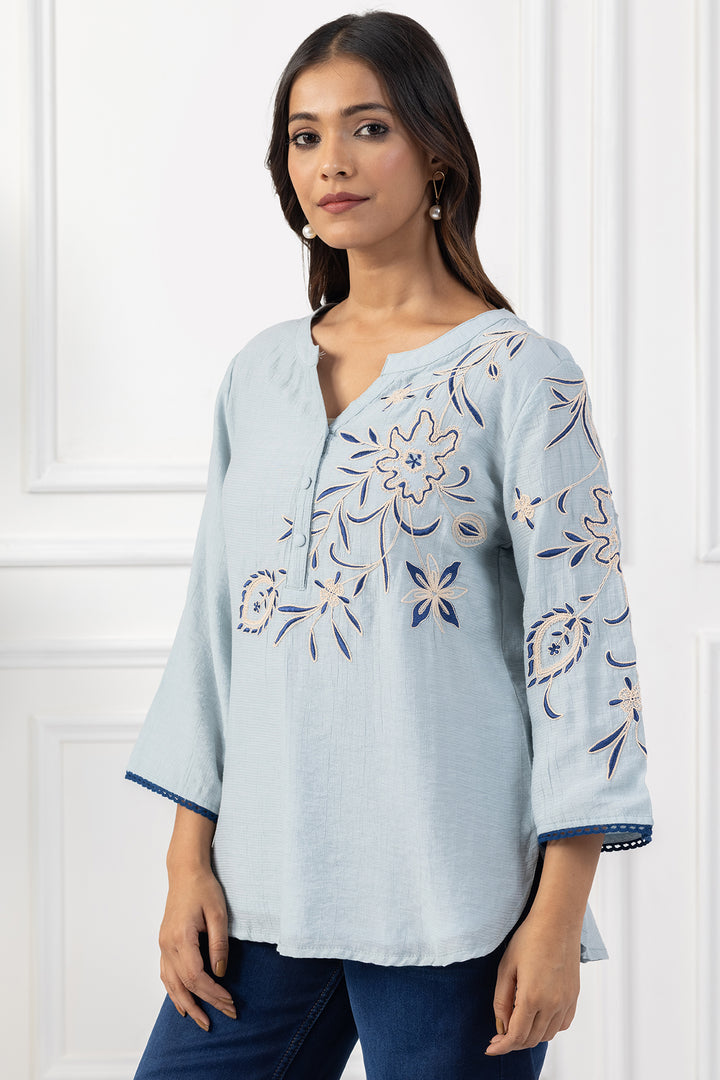 Sky Blue Embroidered Viscose Top with Regular Fit
