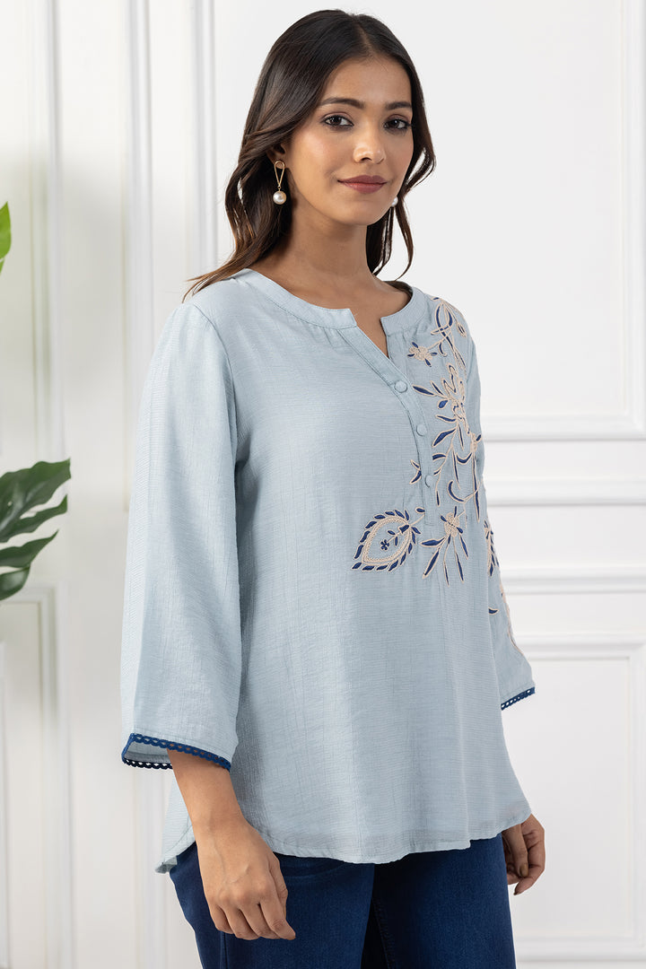 Sky Blue Embroidered Viscose Top with Regular Fit