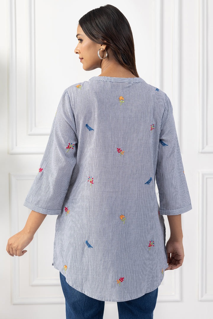 Grey Embroidered Cotton Tunic with Regular Fit
