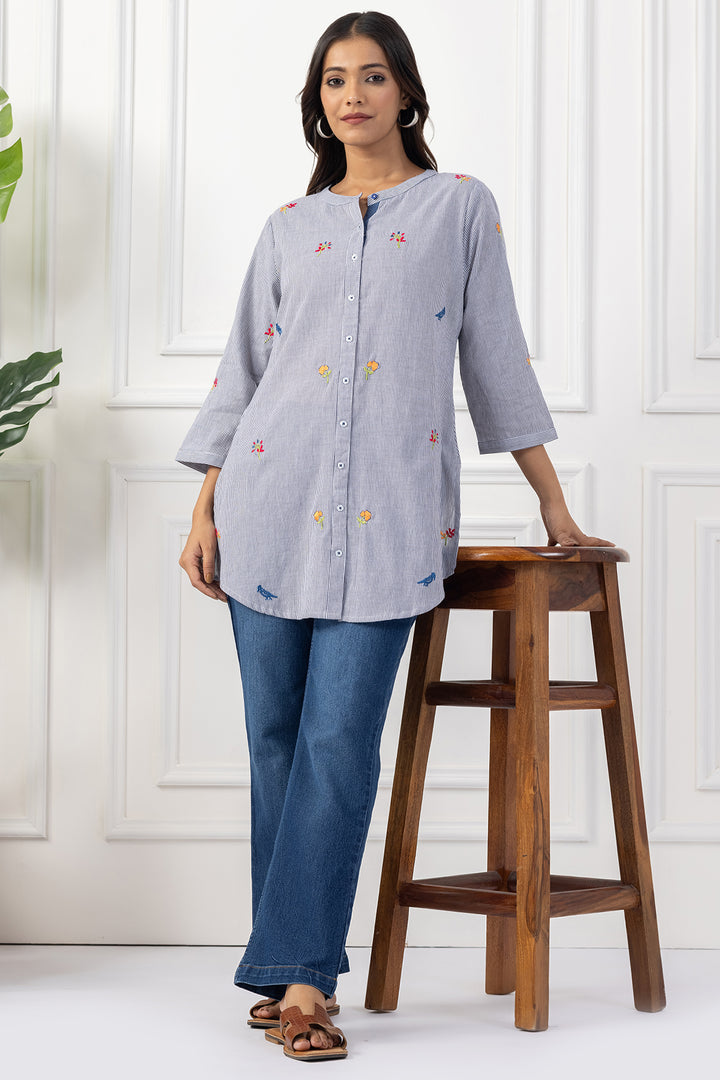 Grey Embroidered Cotton Tunic with Regular Fit