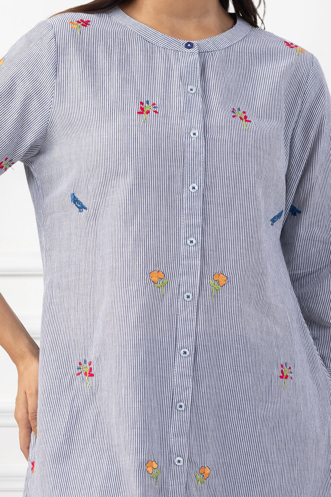 Grey Embroidered Cotton Tunic with Regular Fit