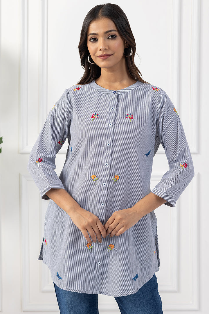Grey Embroidered Cotton Tunic with Regular Fit