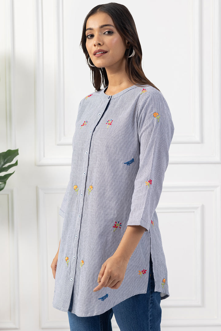 Grey Embroidered Cotton Tunic with Regular Fit