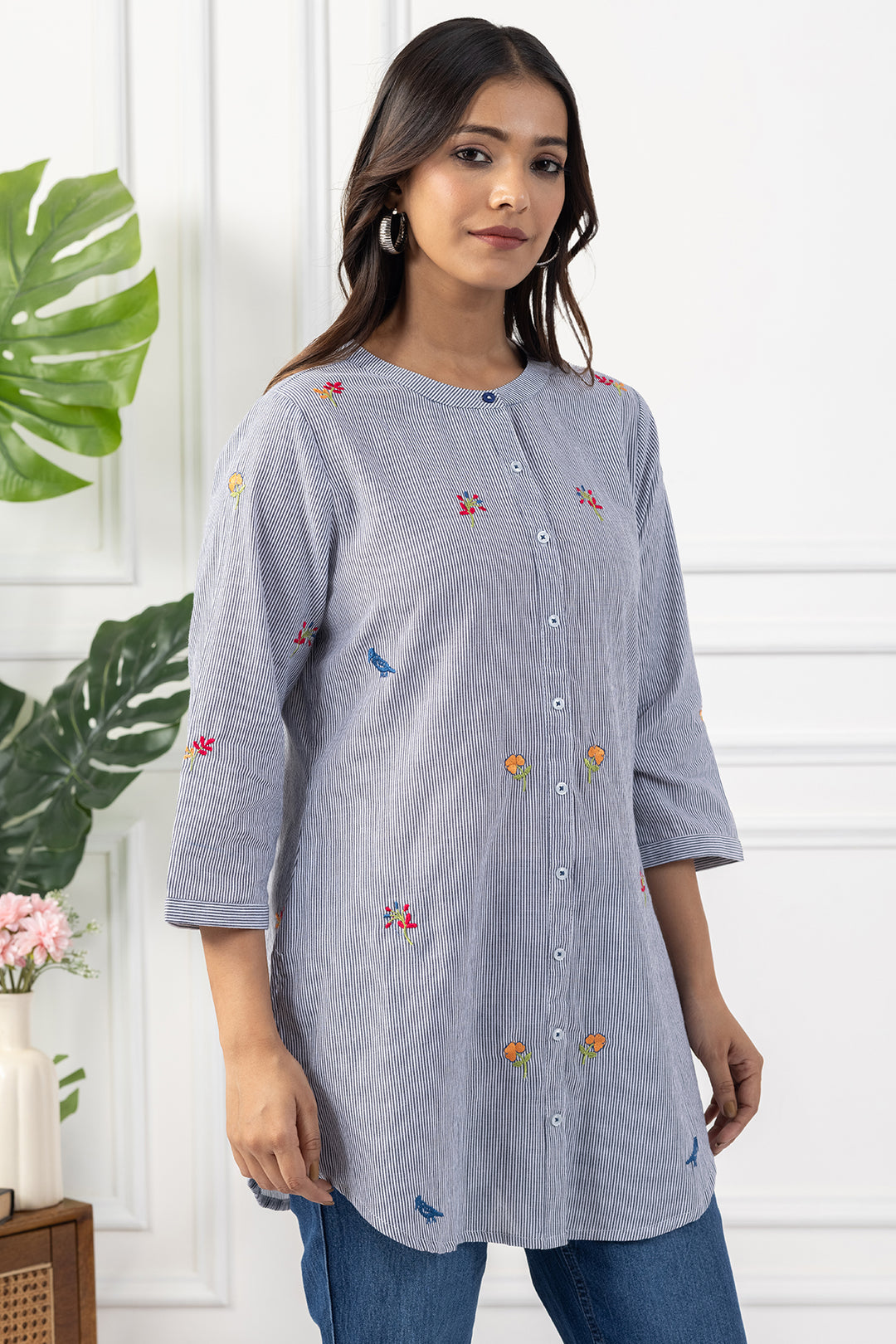 Grey Embroidered Cotton Tunic with Regular Fit