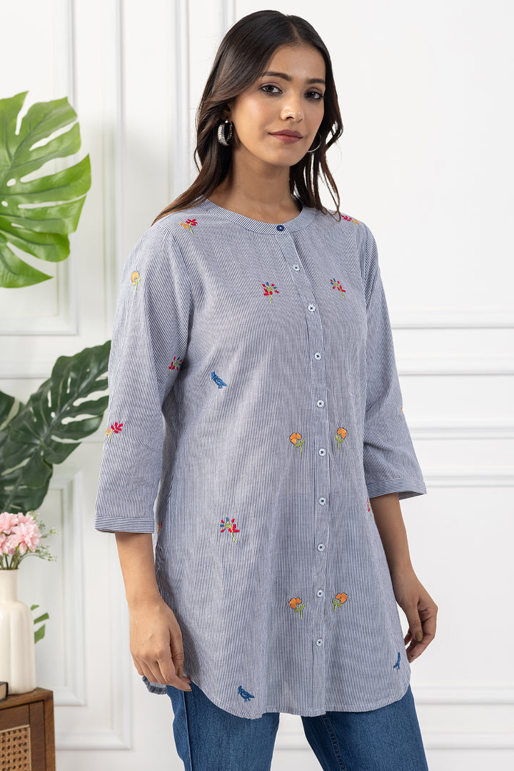 Grey Embroidered Cotton Tunic with Regular Fit