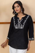 Black Embroidered Cotton Viscose Dobby Slub Top