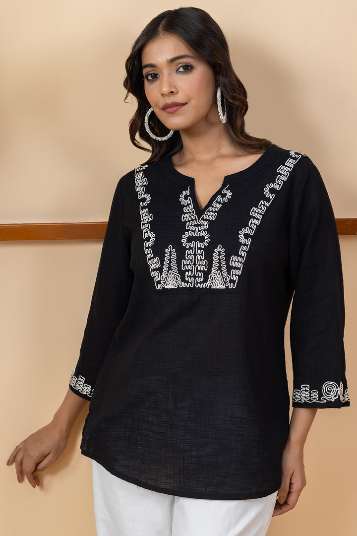 Black Embroidered Cotton Viscose Dobby Slub Top