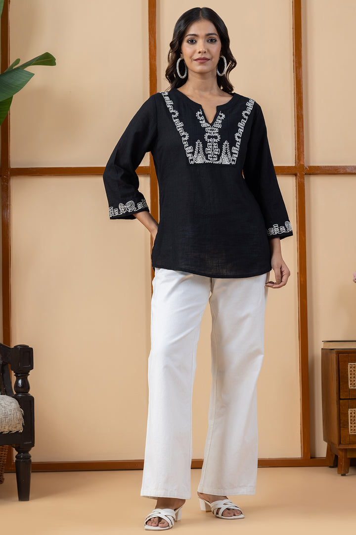 Black Embroidered Cotton Viscose Dobby Slub Top