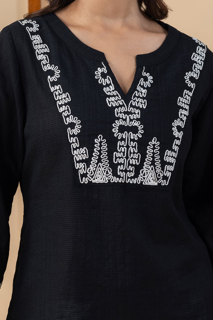 Black Embroidered Cotton Viscose Dobby Slub Top