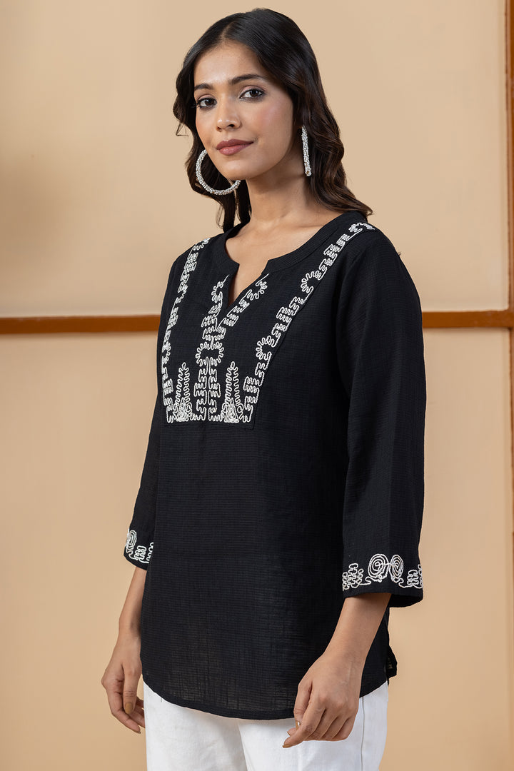 Black Embroidered Cotton Viscose Dobby Slub Top