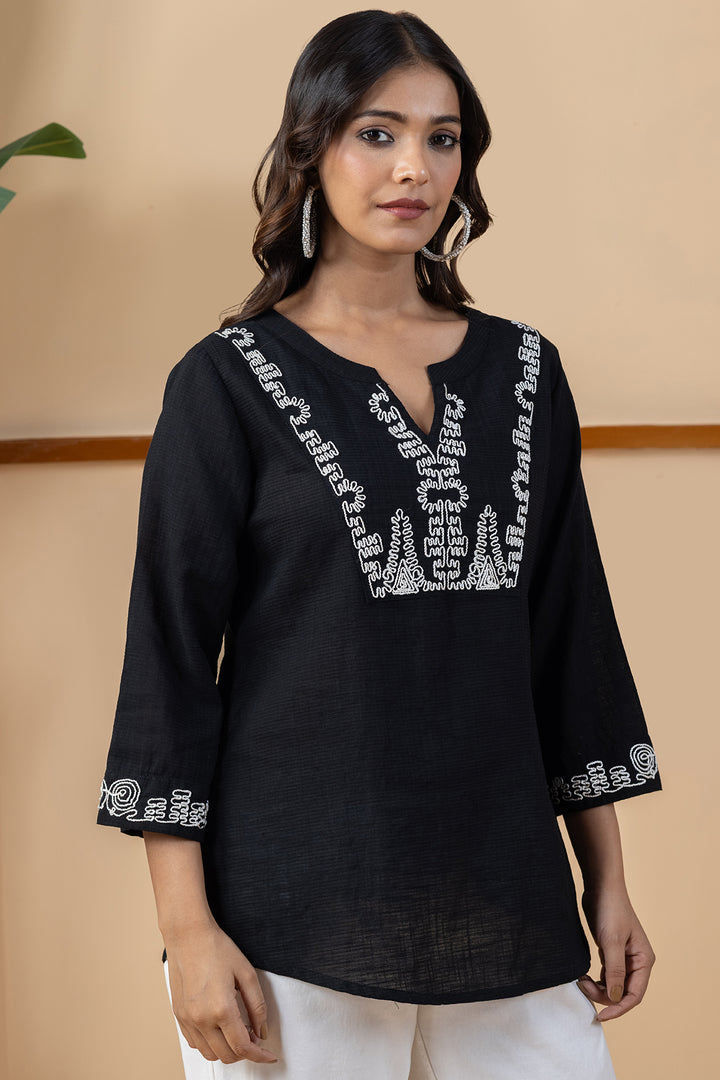 Black Embroidered Cotton Viscose Dobby Slub Top