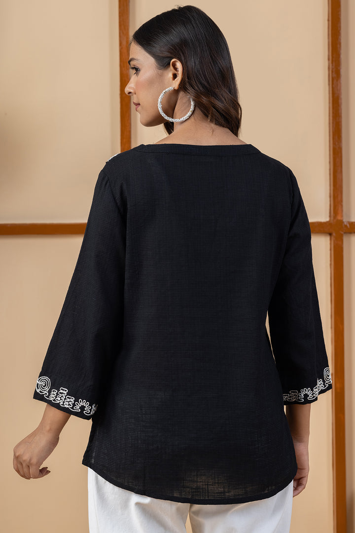Black Embroidered Cotton Viscose Dobby Slub Top