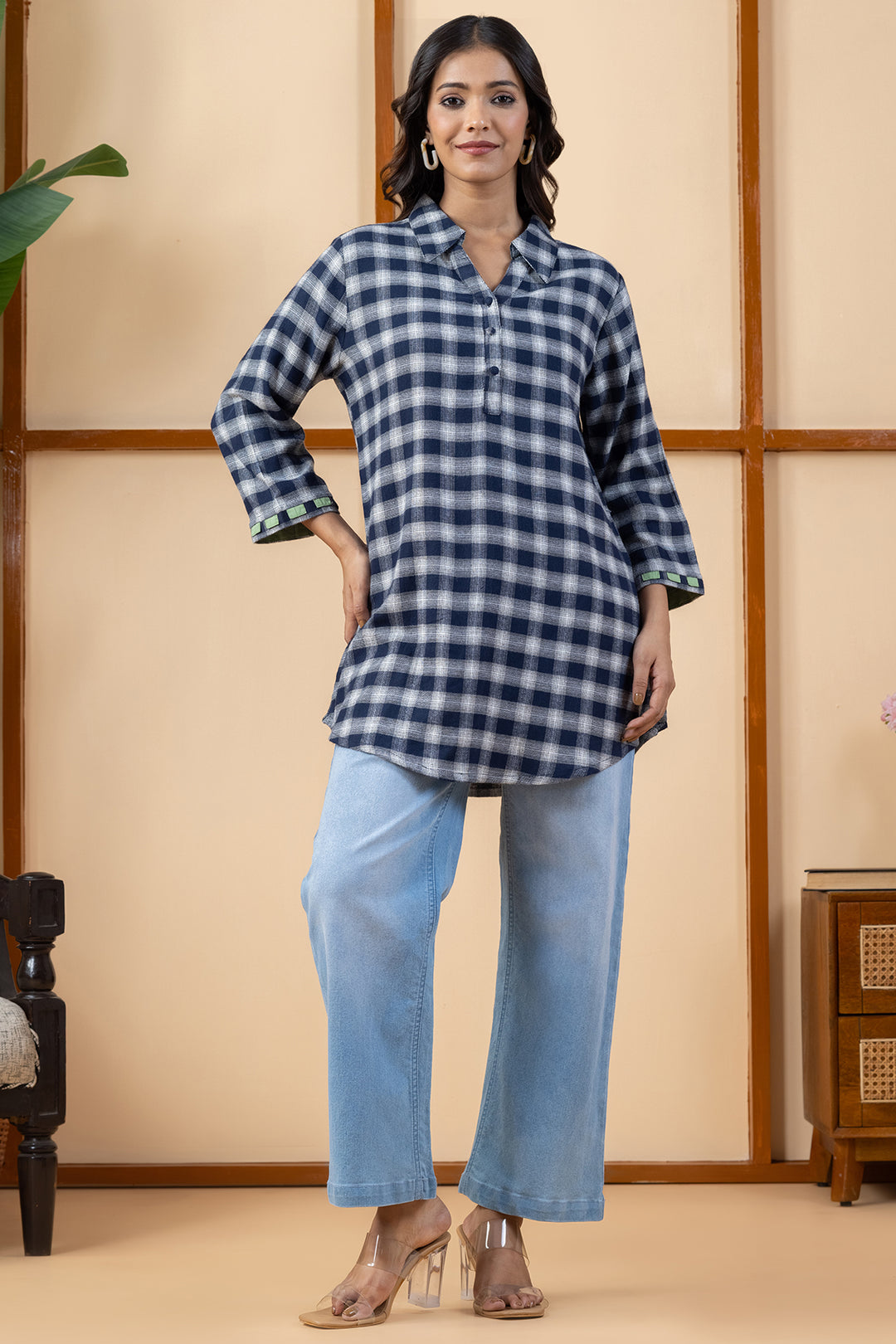 Navy winter tunic for women with checked pattern, collared neckline and 3/4th sleeves