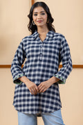 Navy winter tunic for women with checked pattern, collared neckline and 3/4th sleeves