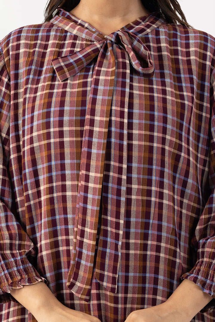 Multicolour Check Viscose Dress with String Tie Neck