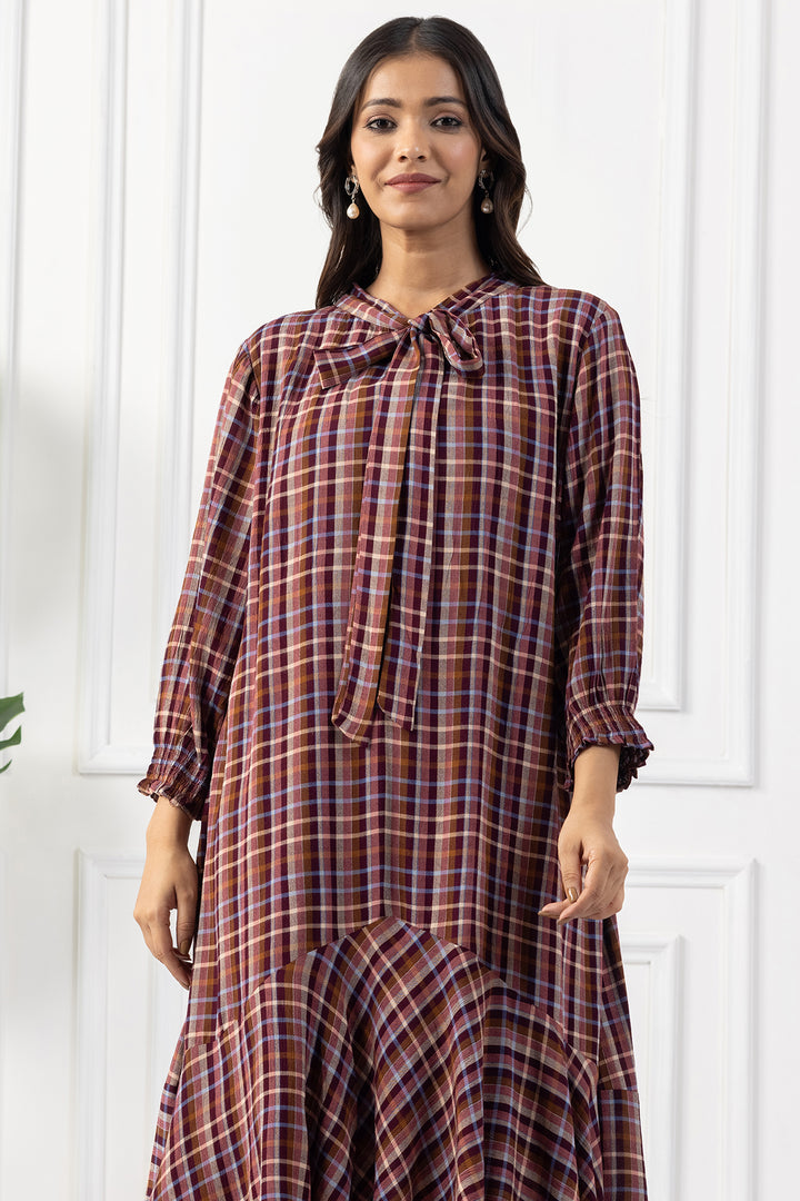 Multicolour Check Viscose Dress with String Tie Neck