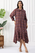 Multicolour Check Viscose Dress with String Tie Neck