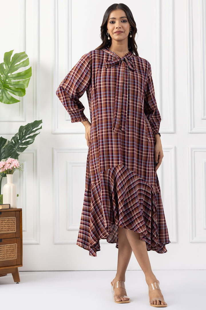 Multicolour Check Viscose Dress with String Tie Neck