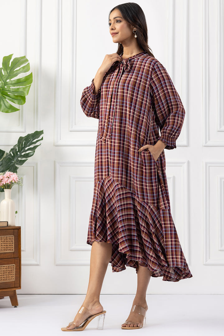 Multicolour Check Viscose Dress with String Tie Neck