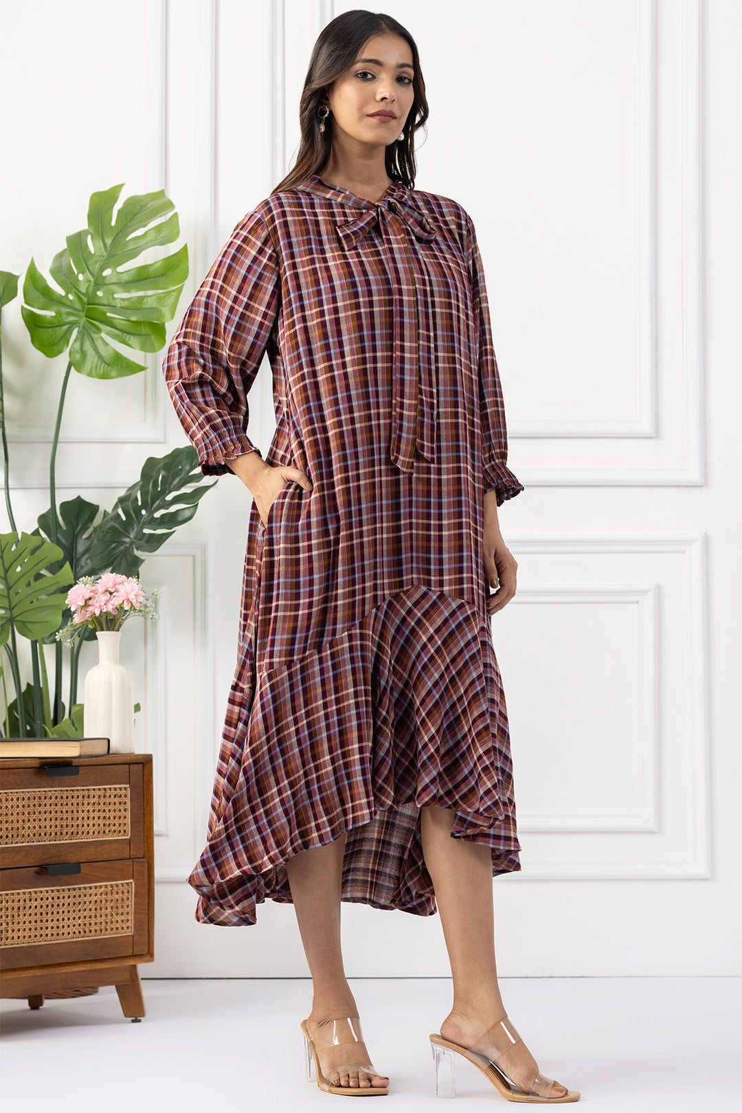 Multicolour Check Viscose Dress with String Tie Neck