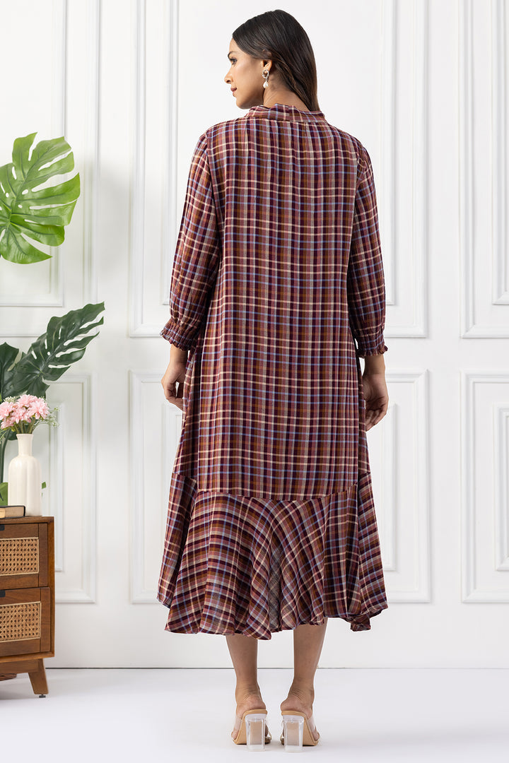 Multicolour Check Viscose Dress with String Tie Neck