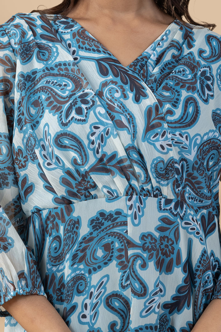 Blue Printed Chiffon Dress with V Neck