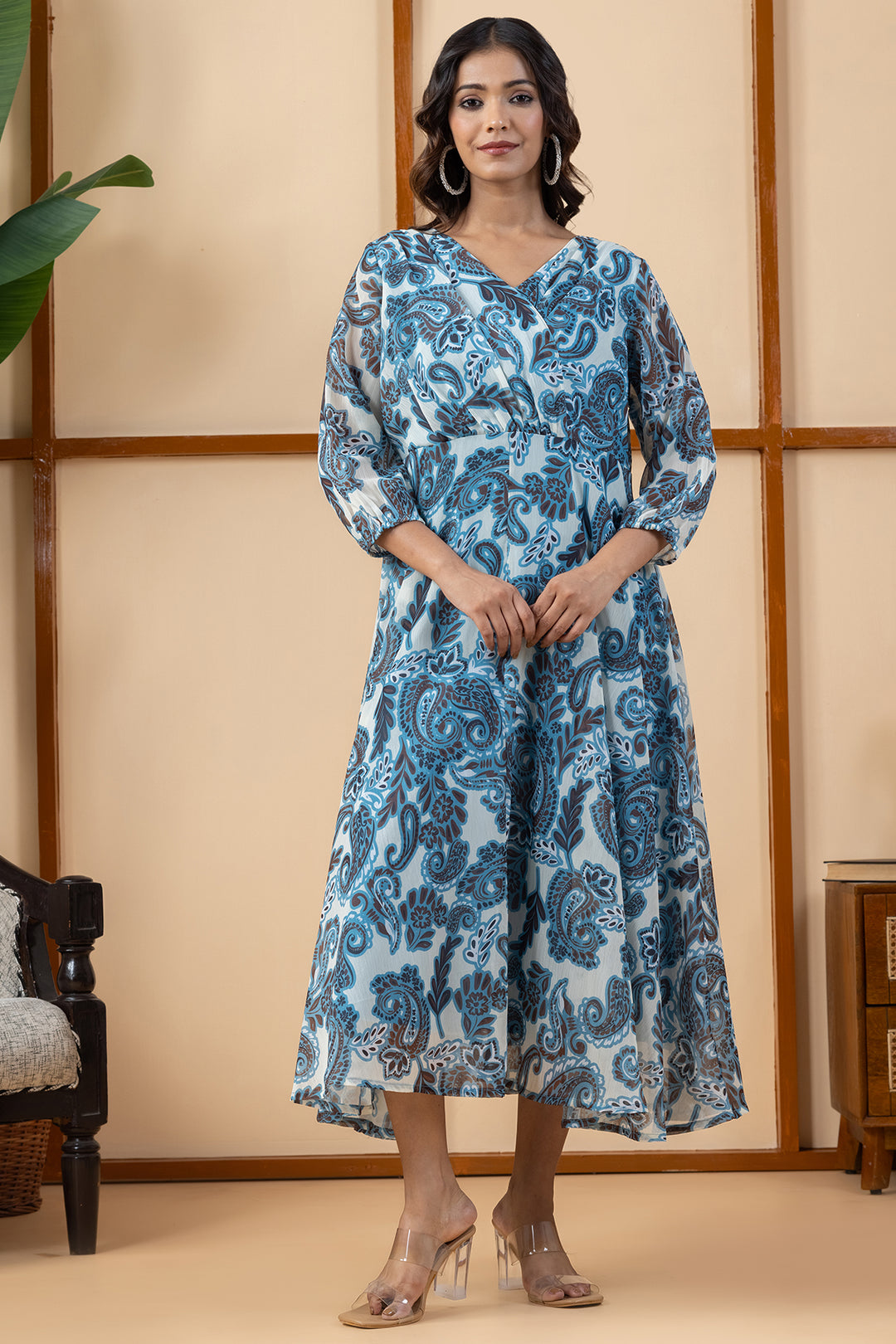 Blue Printed Chiffon Dress with V Neck