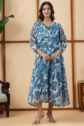 Blue Printed Chiffon Dress with V Neck