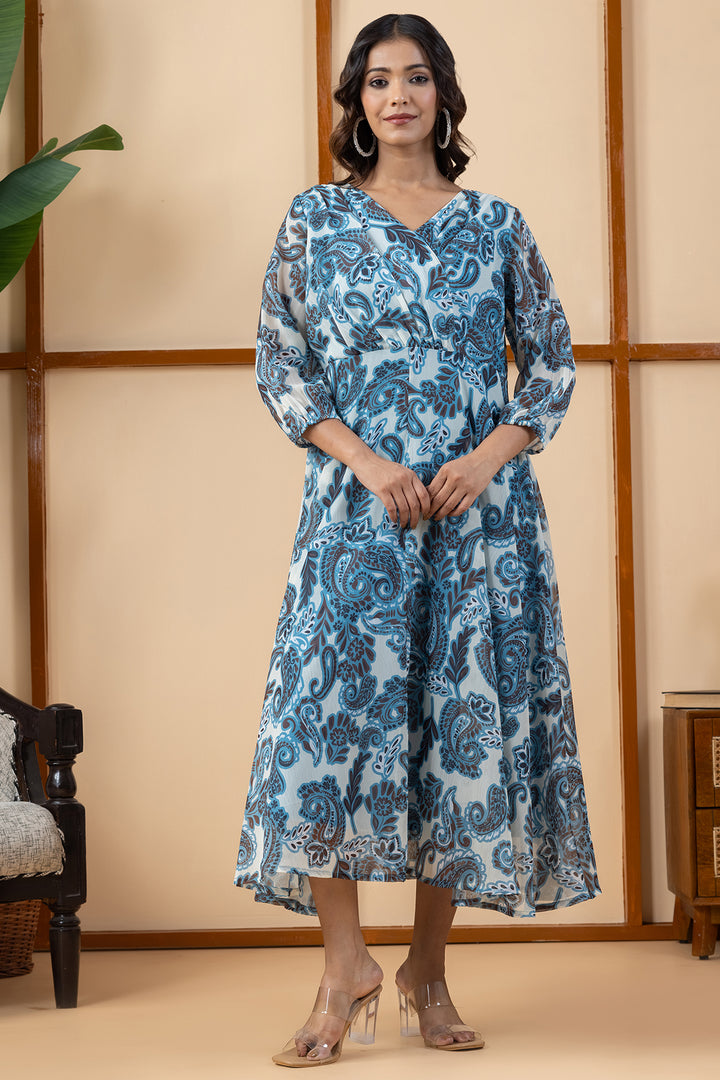 Blue Printed Chiffon Dress with V Neck