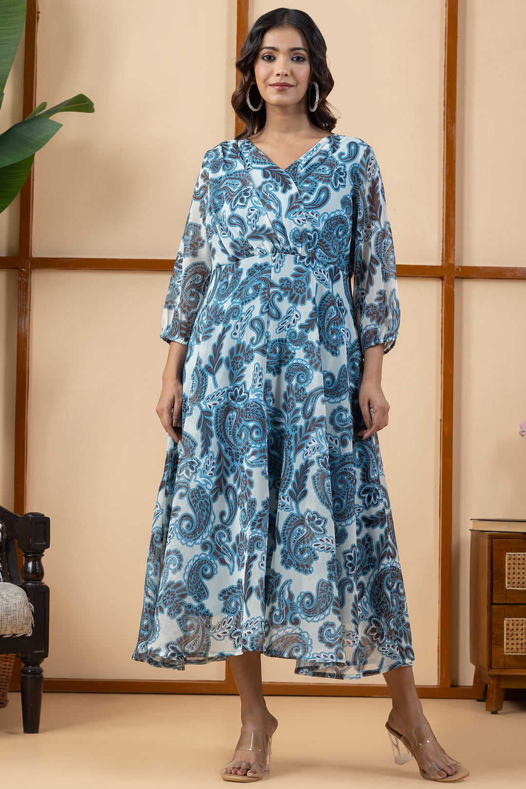Blue Printed Chiffon Dress with V Neck