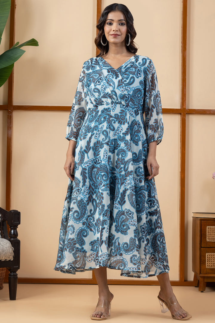 Blue Printed Chiffon Dress with V Neck