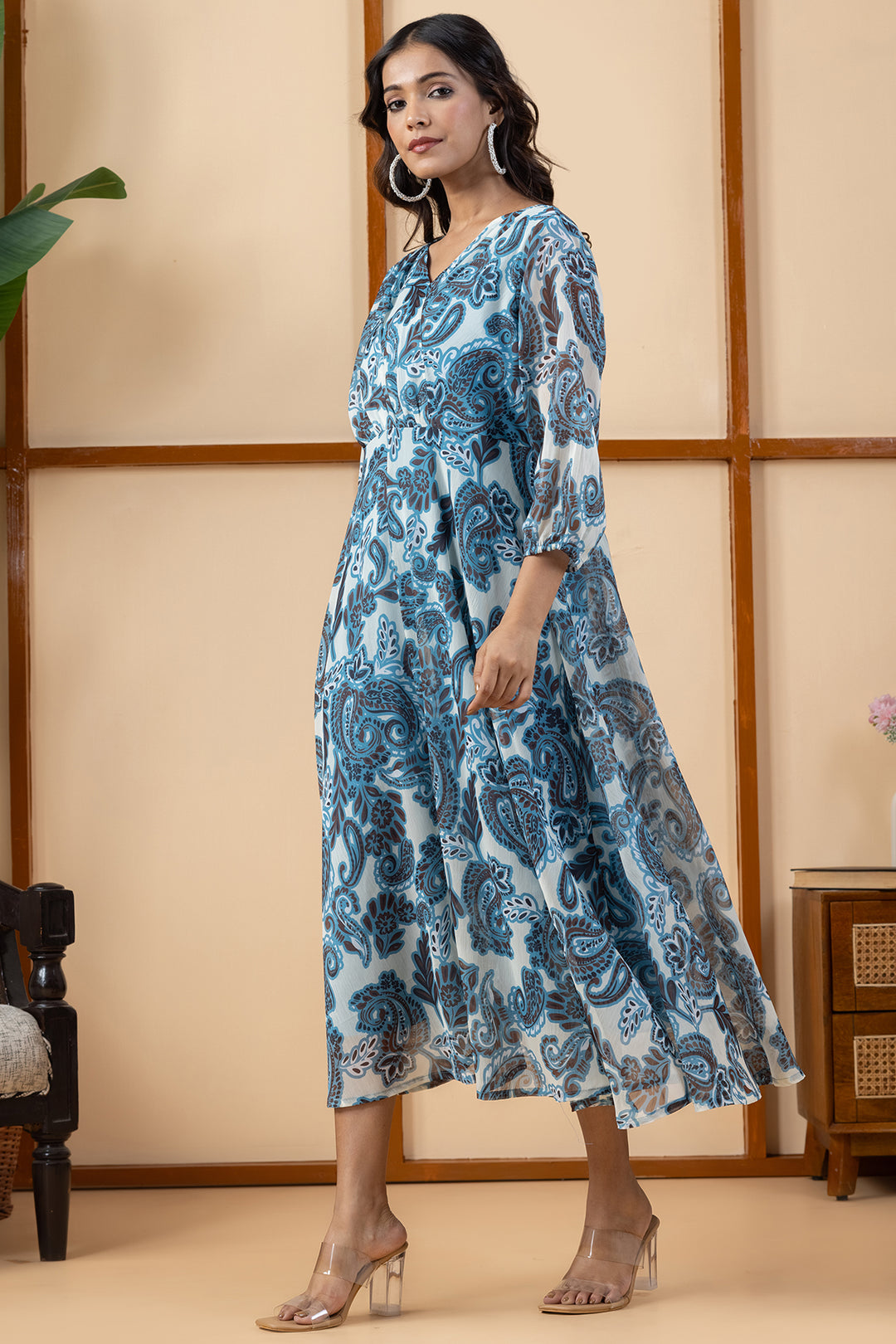 Blue Printed Chiffon Dress with V Neck