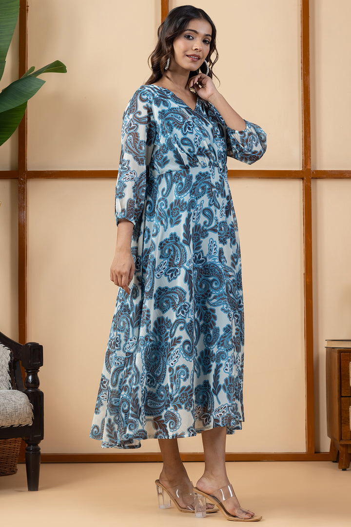 Blue Printed Chiffon Dress with V Neck