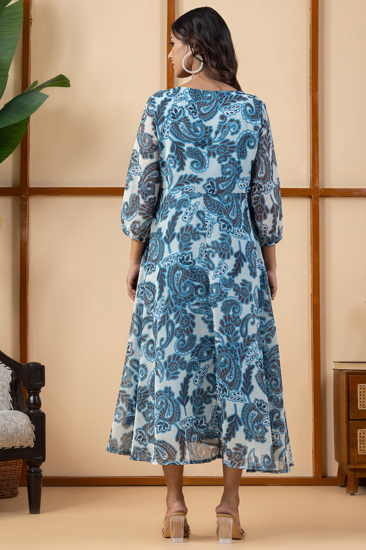Blue Printed Chiffon Dress with V Neck