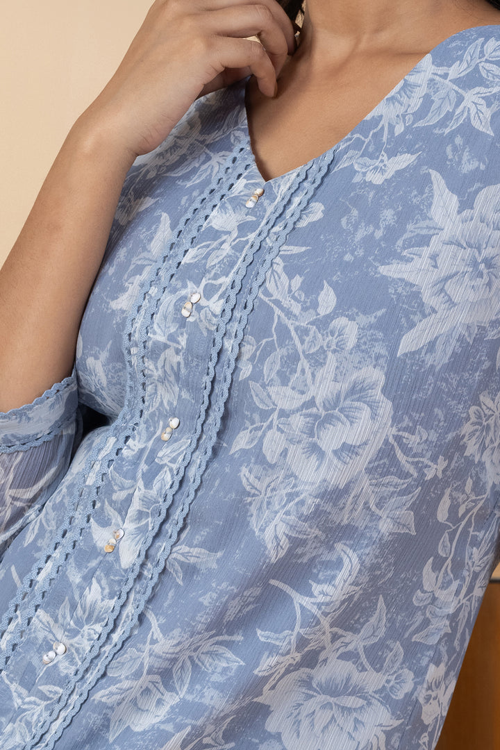 Grey &amp; White Printed Chiffon Top with Regular Fit